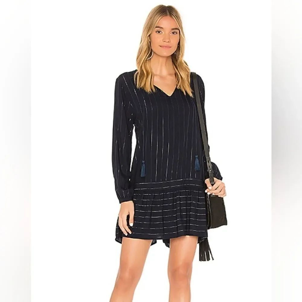 Rails Lydia Panama Stripe Long Sleeve Navy Metallic MiniโDress SizeโSmall